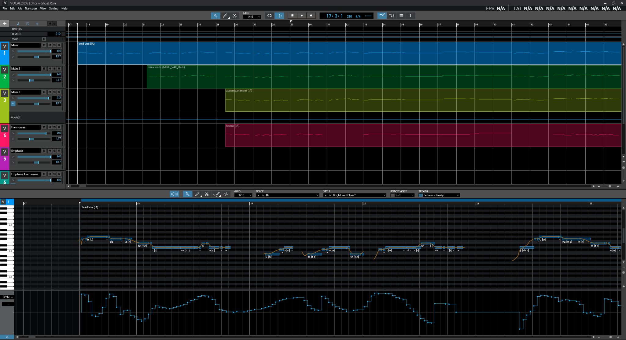 VOCALOID arrangement view with stacked vocal phrases