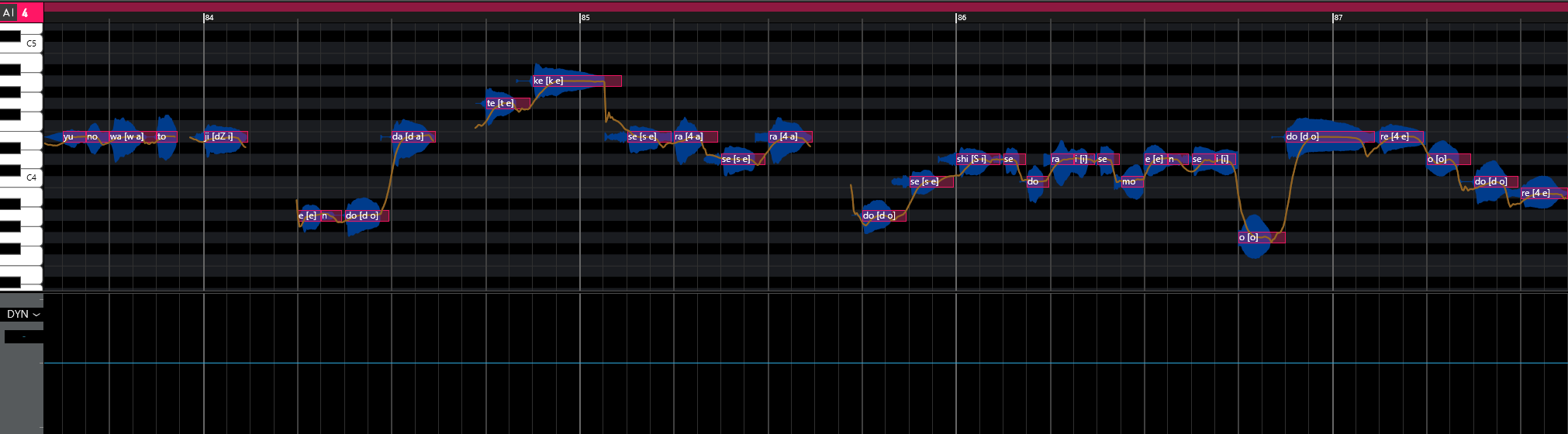 VOCALOID piano-roll showing per-note phonemes and pitch curves